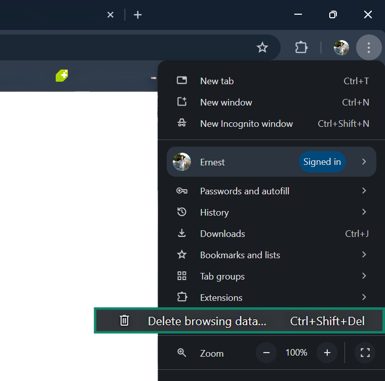 Screen showing option to delete browsing data.