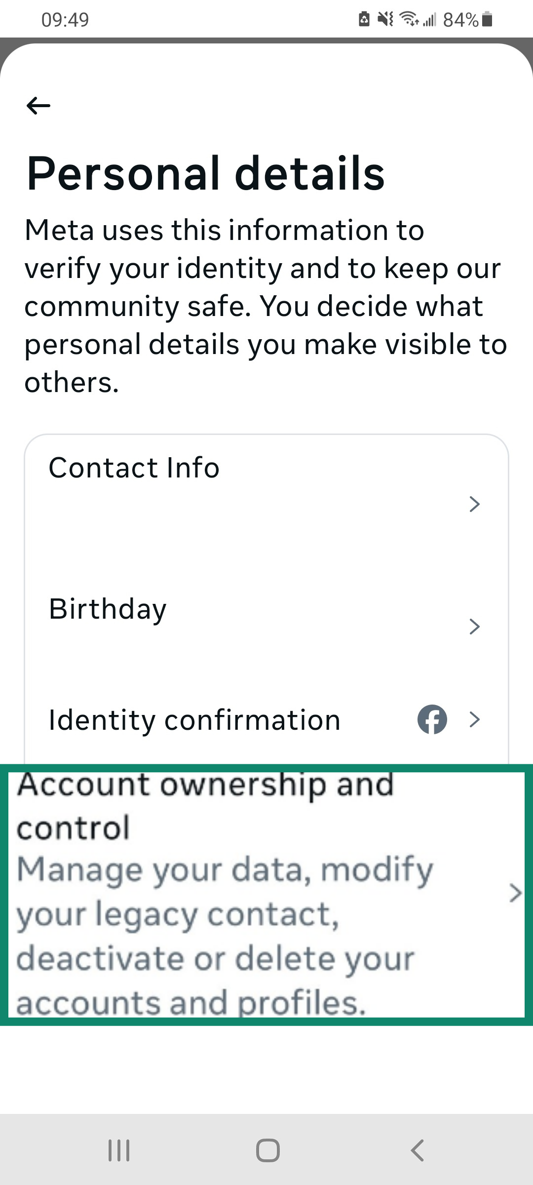 Facebook Android app Personal details settings with Account ownership and control highlighted.