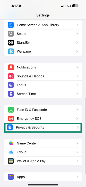 The Privacy & Security menu on iOS.
