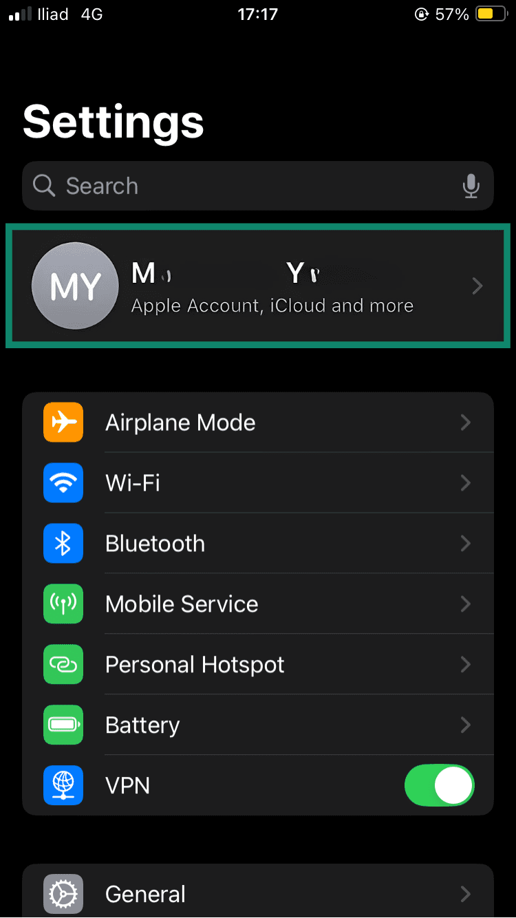 Apple's Settings menu, showing how to access an Apple Account.