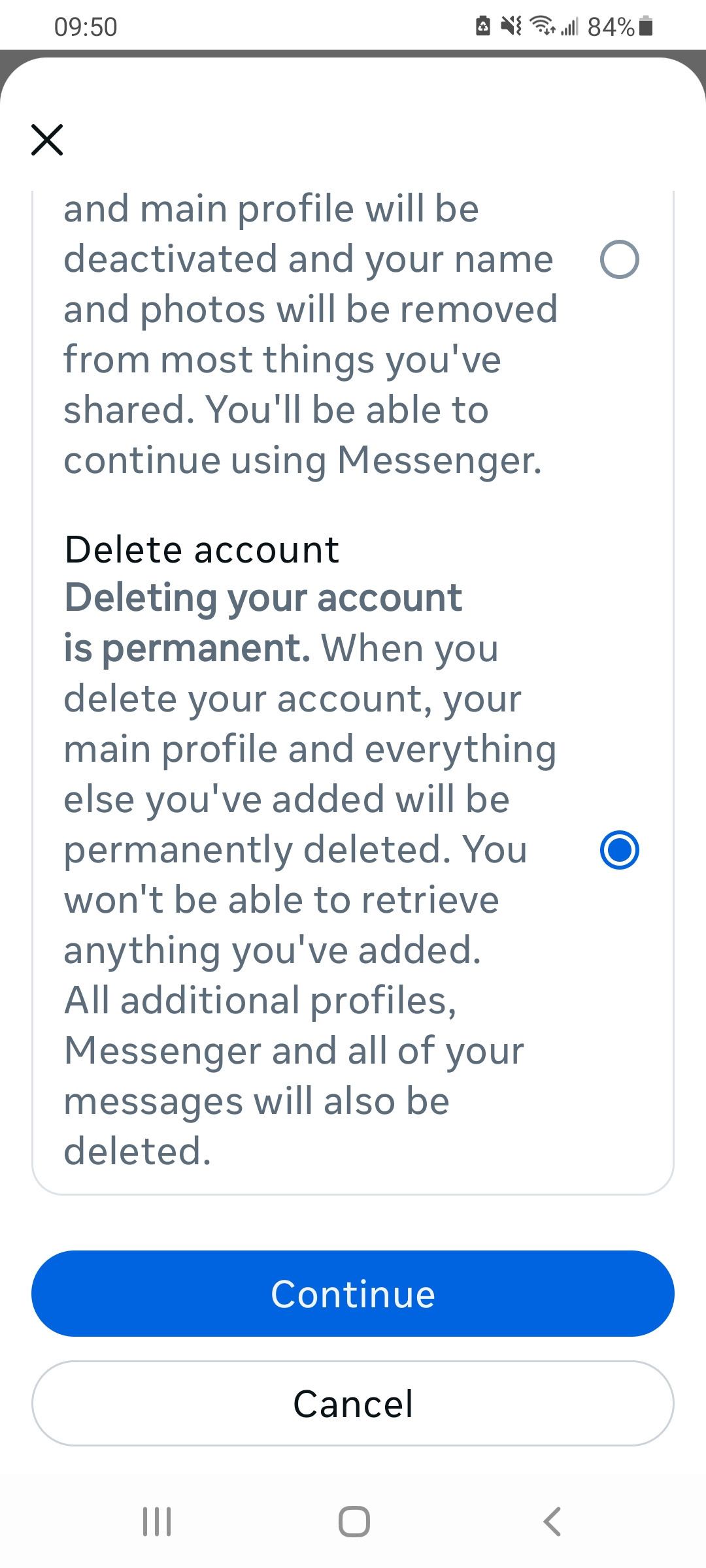 Facebook Android app selection screen for deactivating or deleting your Facebook account.