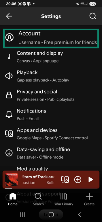 An image of the Spotify settings page, as seen through the mobile app.