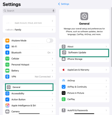 iPhone Settings showing General menu and Software Update option.