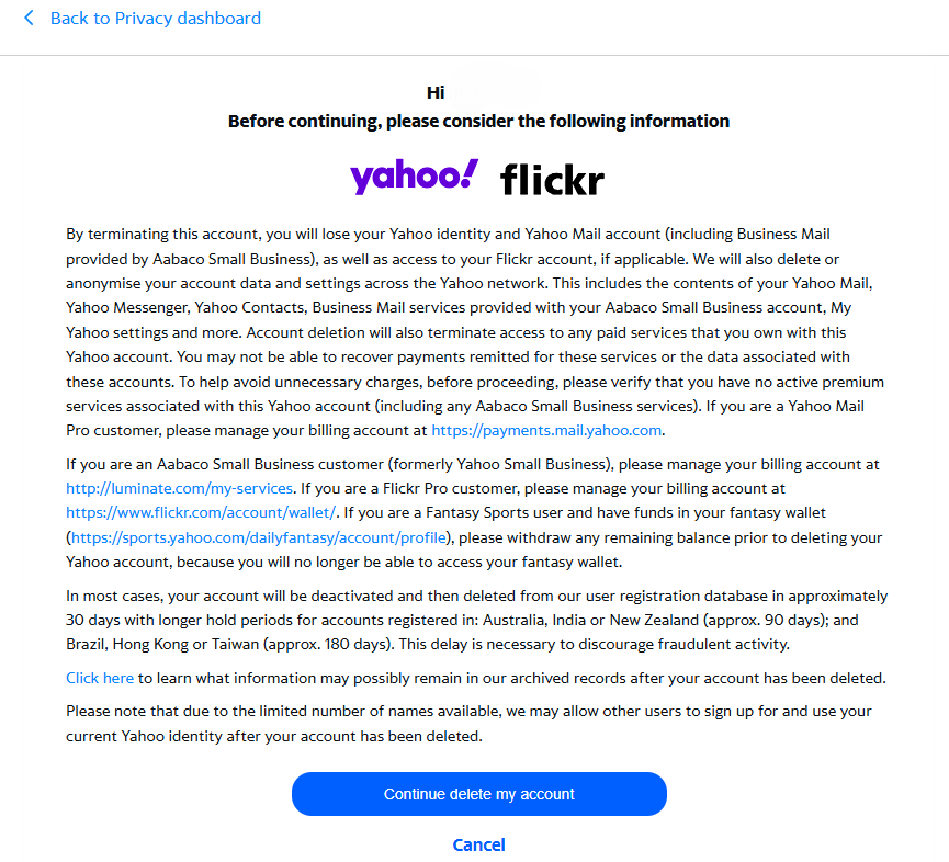 Yahoo termination information page after choosing delete my account.