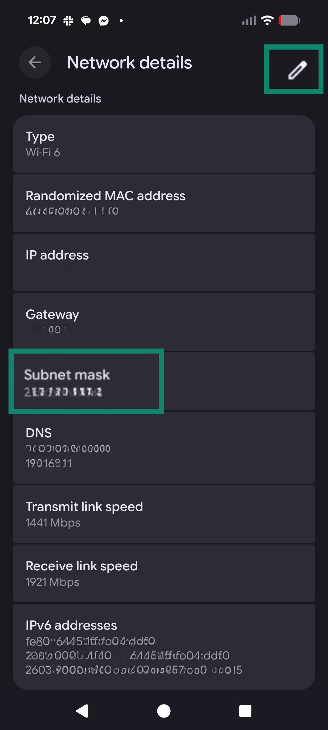 Android network details screen with option to change subnet mask.