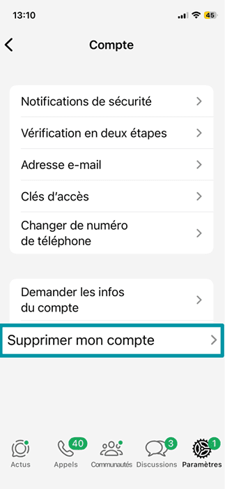 The iPhone WhatsApp app, showing the Delete my account button.