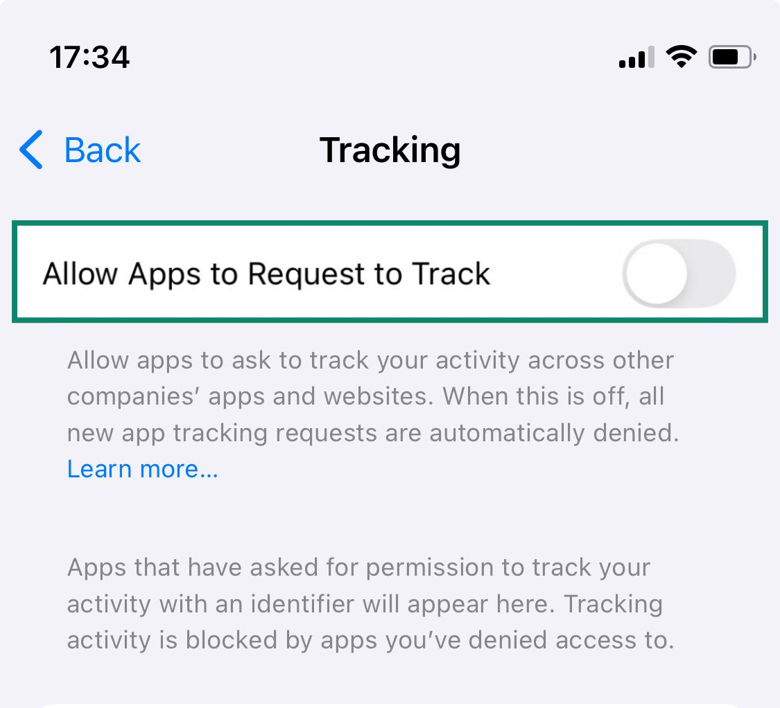 The Tracking page in the iPhone settings, showing the Allow Apps to Request to Track option toggled off.