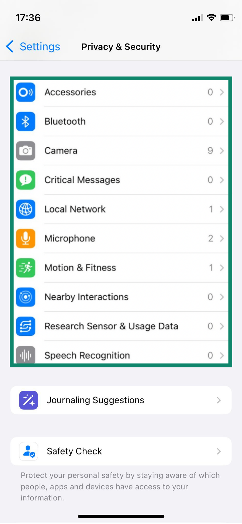 The Privacy & Security settings page of an iPhone, showing various app permission options.