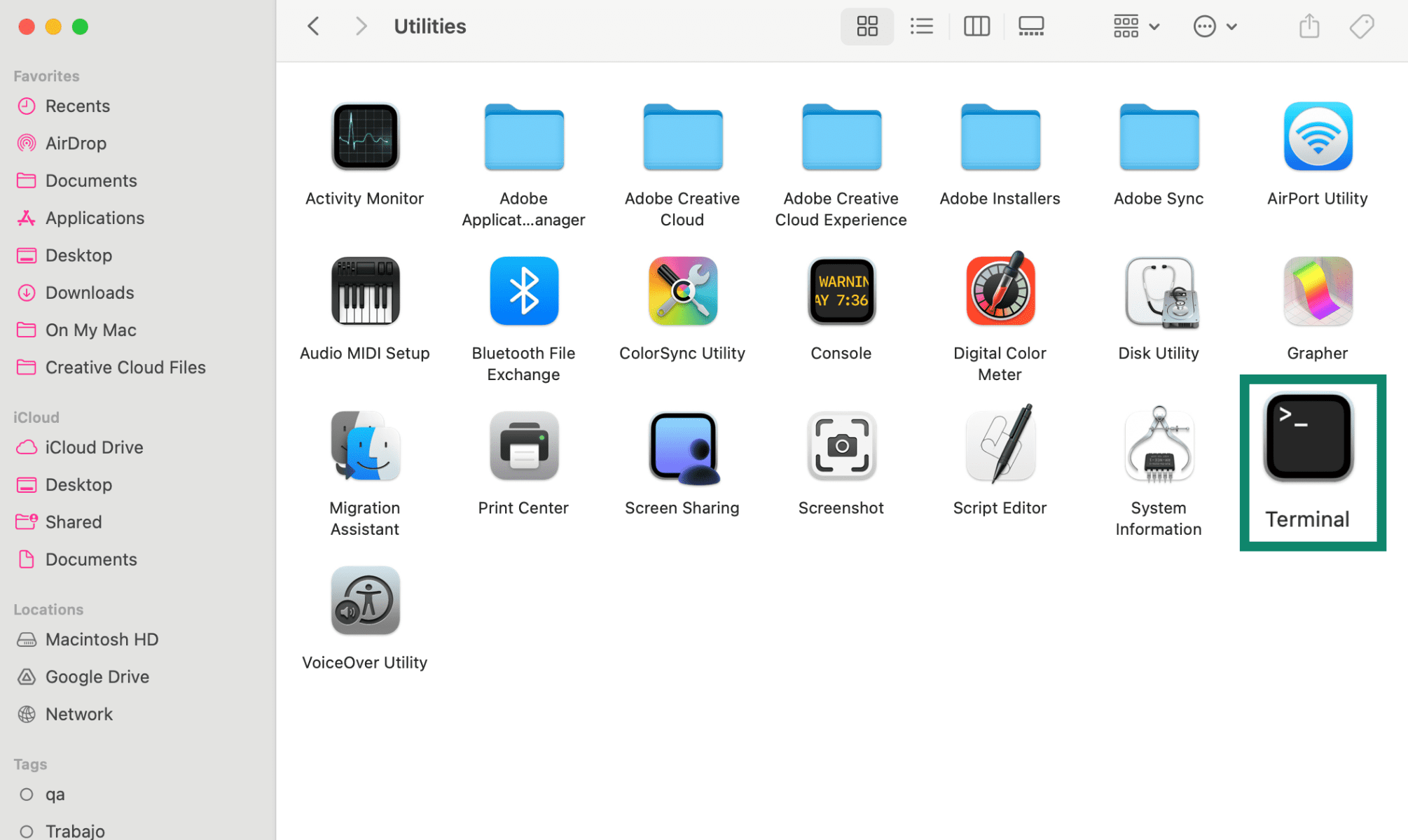 Mac Utilities folder showing Terminal app icon.