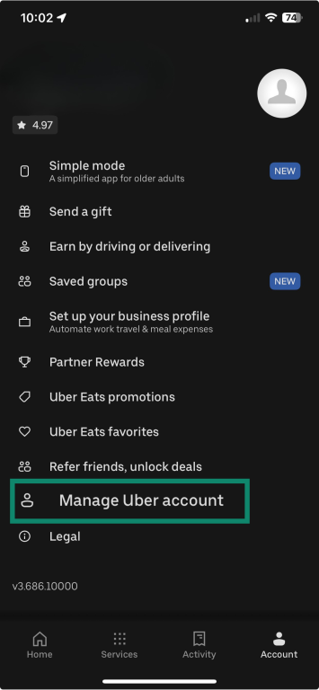 Uber mobile app settings with Manage Uber account highlighted.