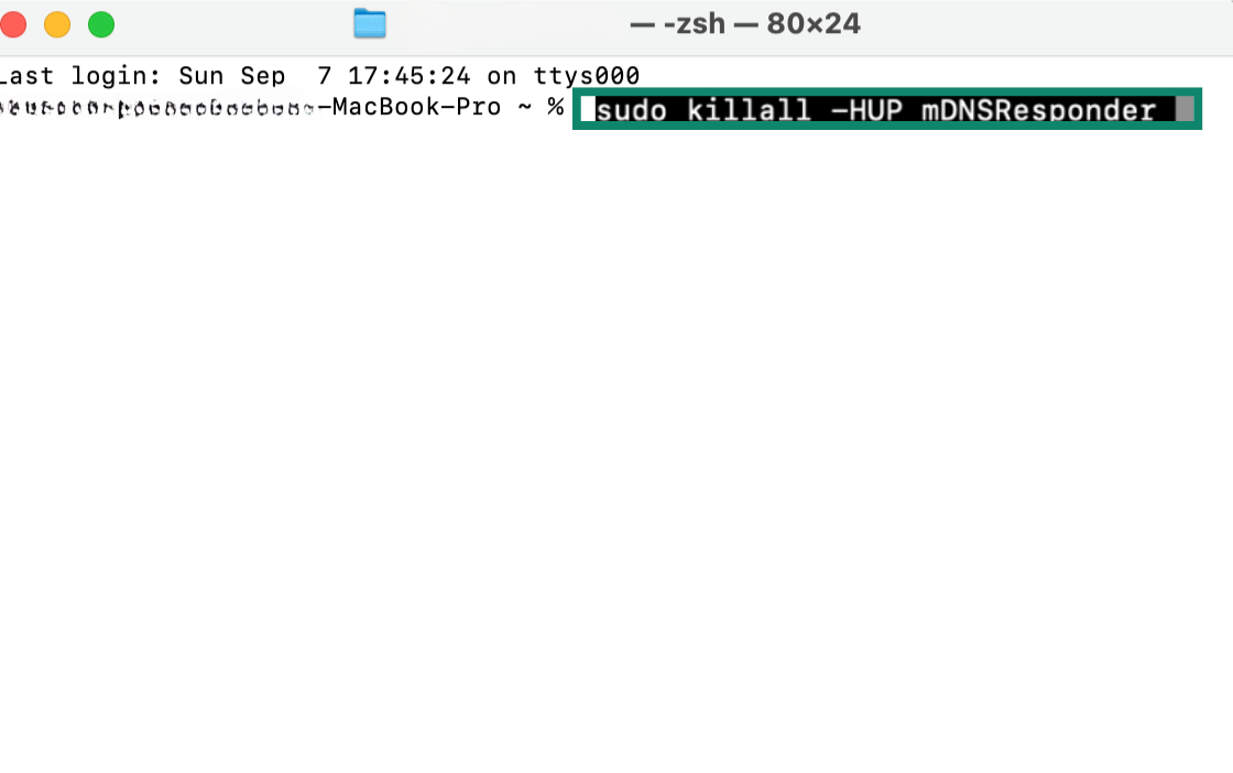 Mac Terminal window running sudo killall HUP mDNSResponder command.