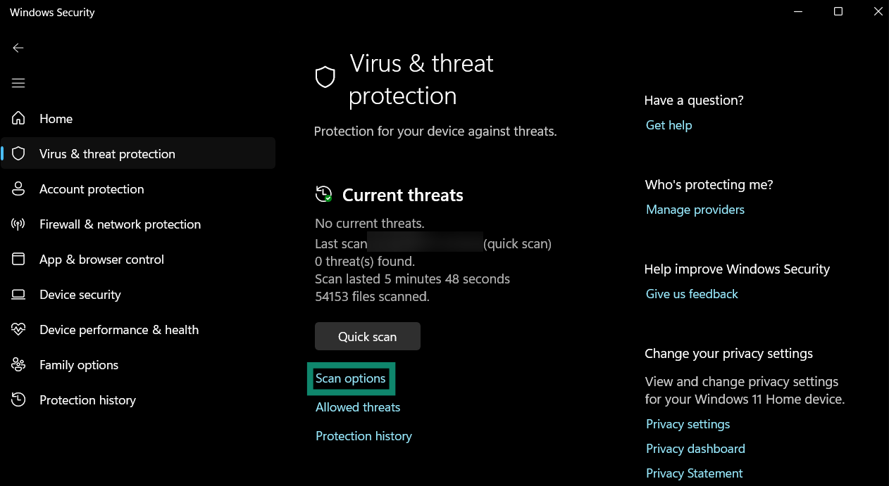 Windows Virus & threat protection screen with Scan options highlighted.