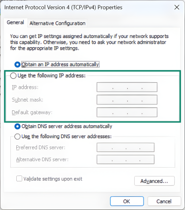 Windows 11 IPv4 user menu, with the option to manually add an IP address, along with a subnet mask and a default gateway highlighted.