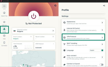 ExpressVPN's Windows app, showing a highlighted "Profile" tab and the "VPN Protocol" option.
