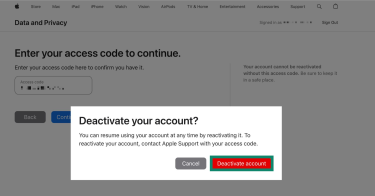 Apple's "Deactivate your account?" prompt. The "Deactivate account" button is highlighted.