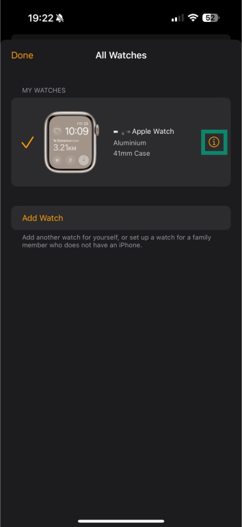 The "All Watches" tab in the Apple Watch app. The small information icon to the right of an Apple Watch device is highlighted.