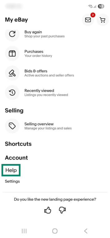 The "My eBay" menu on the eBay mobile app. The "Help" option is enlarged and highlighted.