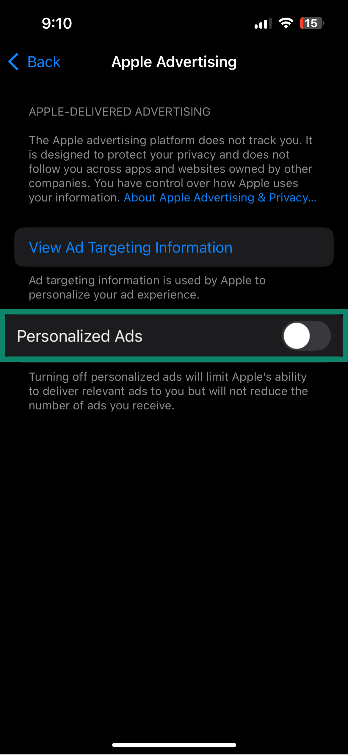 Screenshot of the iPhone Apple Advertising menu showing the “Personalized Ads” toggle switched off.