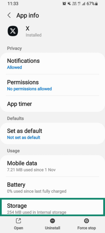 Storage option under App info in Android settings.