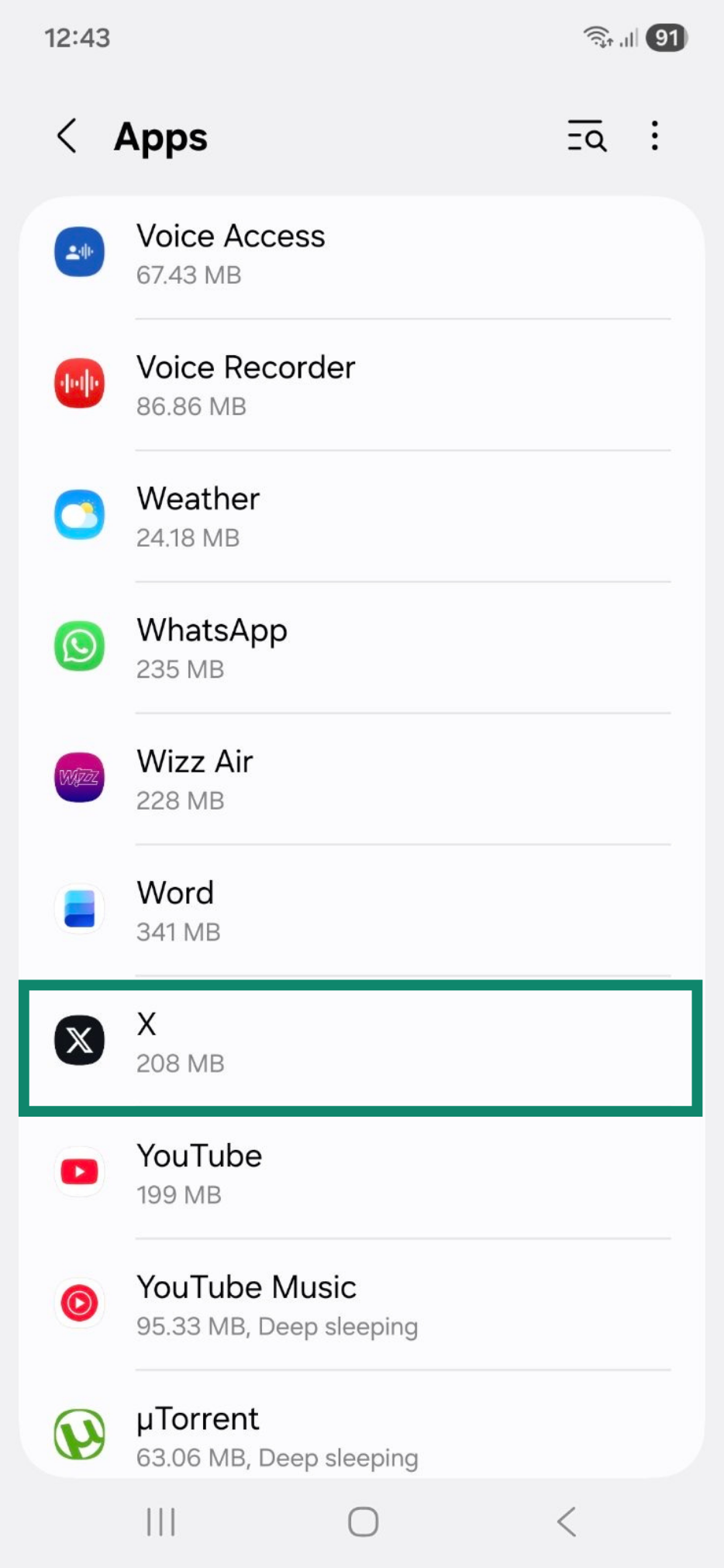App menu on Android, showing