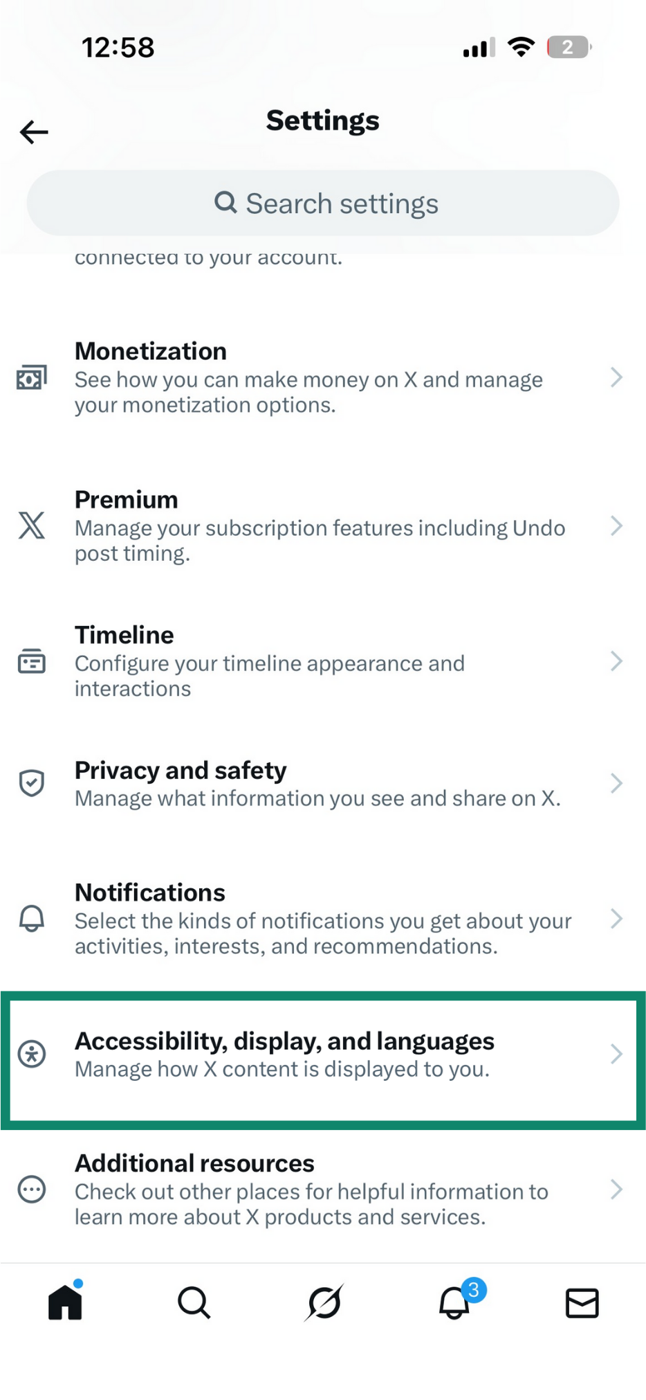 Settings menu on X.