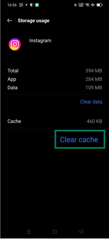Instagram Storage usage screen highlighting Clear cache option on Android.