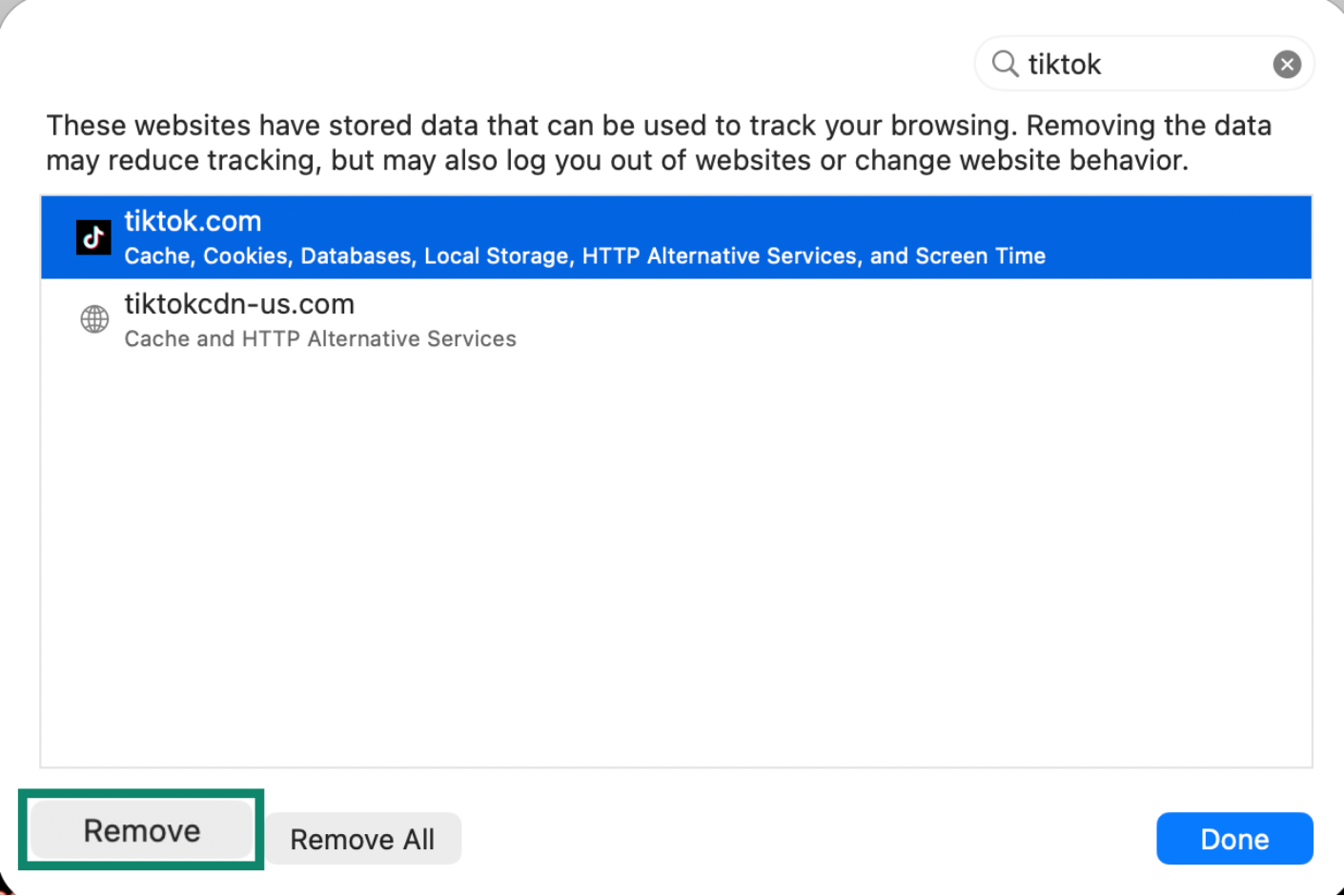 Safari’s Manage Website Data screen showing TikTok entries selected with Remove button highlighted.