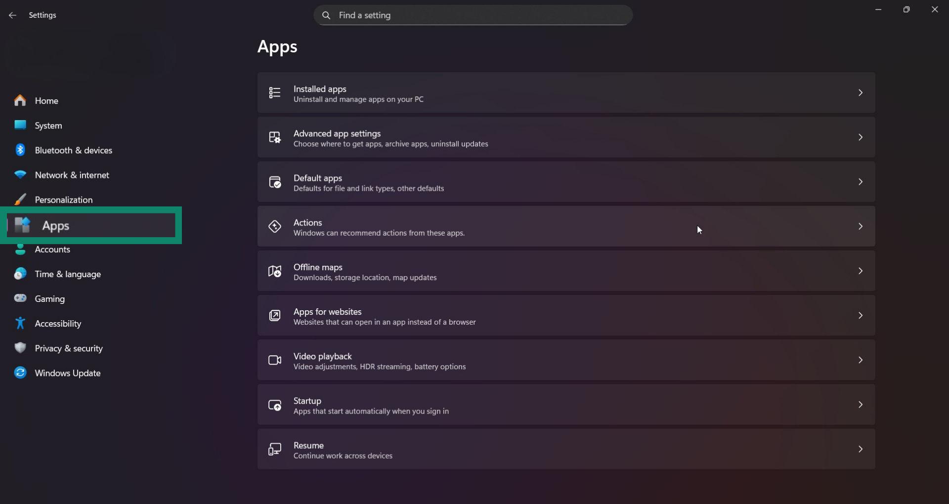 Windows 11 Settings showing the Apps menu highlighted on the left side.