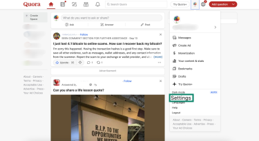 Quora home page with menu open and Settings highlighted.