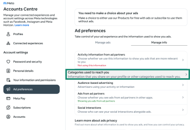 A screenshot of the Ad preferences panel in the Facebook Accounts Center.