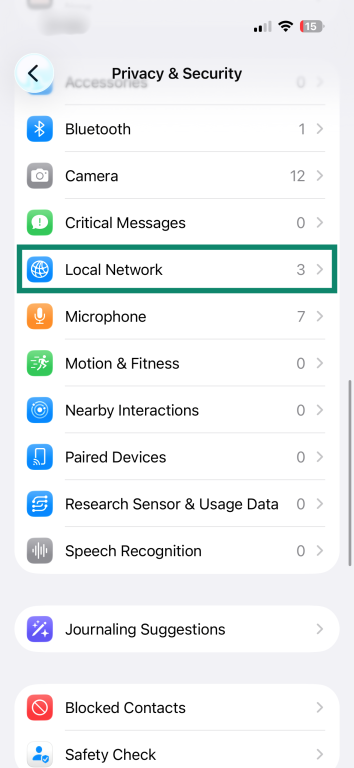 The "Privacy & Security" menu on an iPhone. The "Local Network" option is enlarged and highlighted.