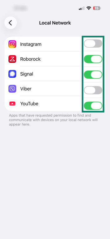 The "Local Network" page on an iPhone. The on and off toggle buttons for installed apps are highlighted and enlarged.