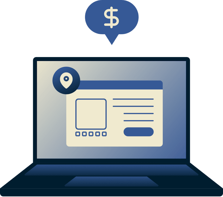 Ordinateur portable montrant une fenêtre de navigateur avec une épingle de localisation et un signe de dollar au-dessus.