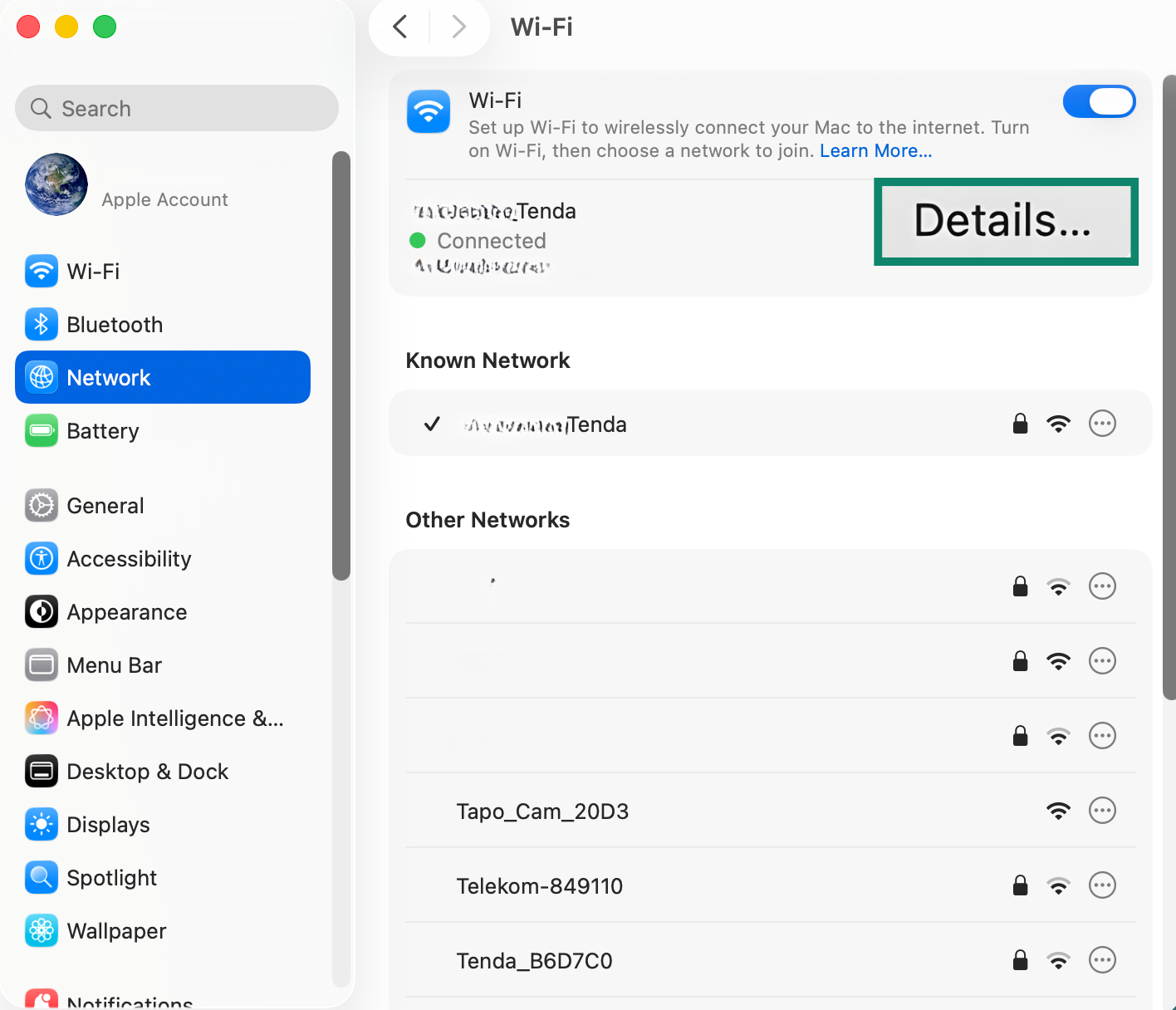 macOS Network menu.