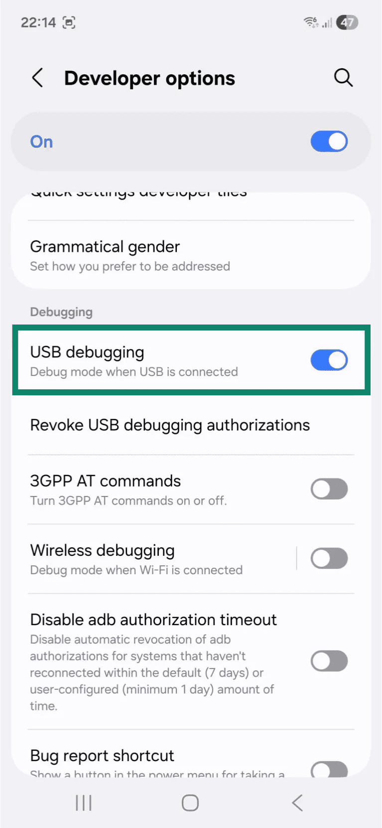 The "Developer options" page on an Android phone. The "USB debugging" option is highlighted and toggled on.