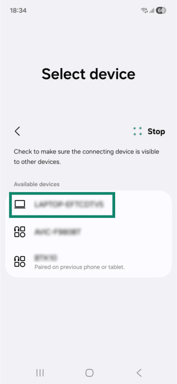The "Select device" page on an Android, showing the available Bluetooth-enabled devices. A Windows laptop is highlighted.