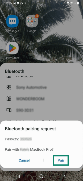 A Bluetooth pairing request on an Android phone. The "Pair" button is highlighted.