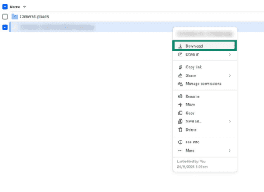 The main screen in a Dropbox account on a browser. An uploaded file is selected, and the "Download" option is highlighted.