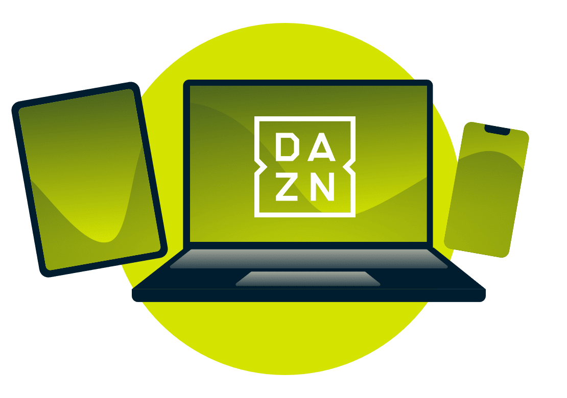 DAZN 로고가 표시된 노트북, 태블릿, 휴대폰.