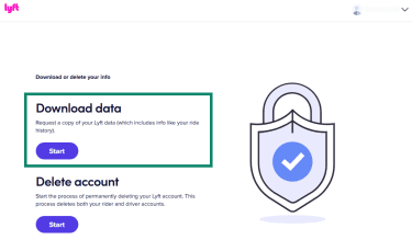 Lyft privacy portal showing the Download data option
