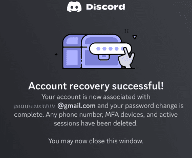 Discord's notification message after a successful account recovery.