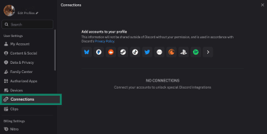 Discord's Connections tab showing no external apps connected.