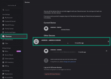 Discord device settings page, showing how to revoke account access for specific devices.