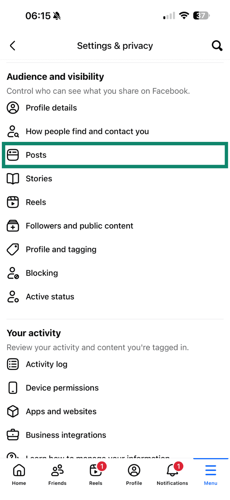 The Posts item highlighted in the Security & Privacy menu on Facebook mobile.