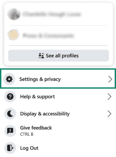 Facebook profile dropdown menu with the 'Settings & privacy' tab highlighted by a green box.