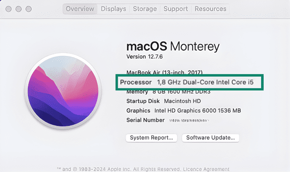 “About This Mac” overview showing macOS Monterey and 1.8 GHz dual-core Intel Core i5 processor highlighted