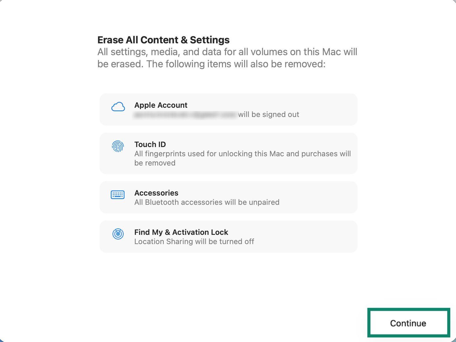 Erase All Content & Settings summary showing items to be removed.