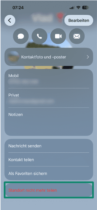 Contact screen with the Stop Sharing My Location option highlighted.