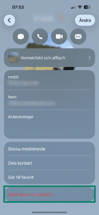 Contact screen with the Stop Sharing My Location option highlighted.
