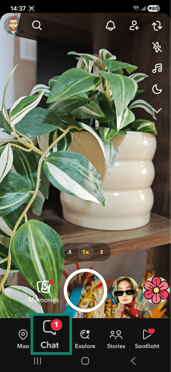 The Snapchat Stories interface with the Chat menu item highlighted.